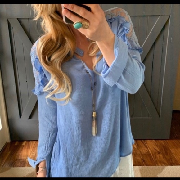 Boho Chic Ruffles & Lace Blue Blouse - Picture 7 of 12
